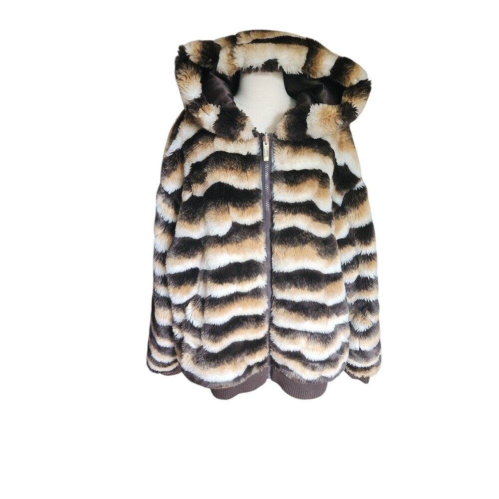 Ablanche Urban Outfitters Vintage Y2K Faux Fur Coat Mens 2X Cream Brown Striped